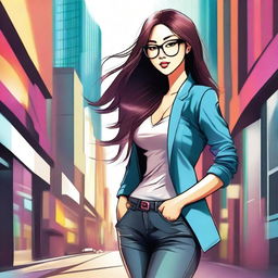 A detailed illustration of a sexy Asian girl with glasses