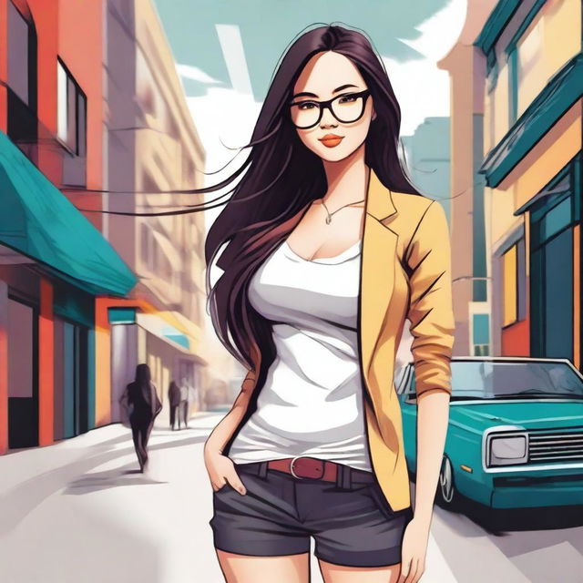 A detailed illustration of a sexy Asian girl with glasses