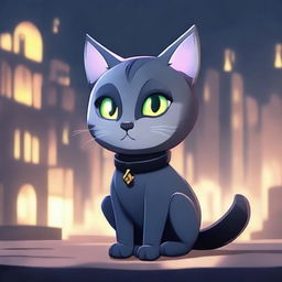 A dark grey cat character set in a video game background