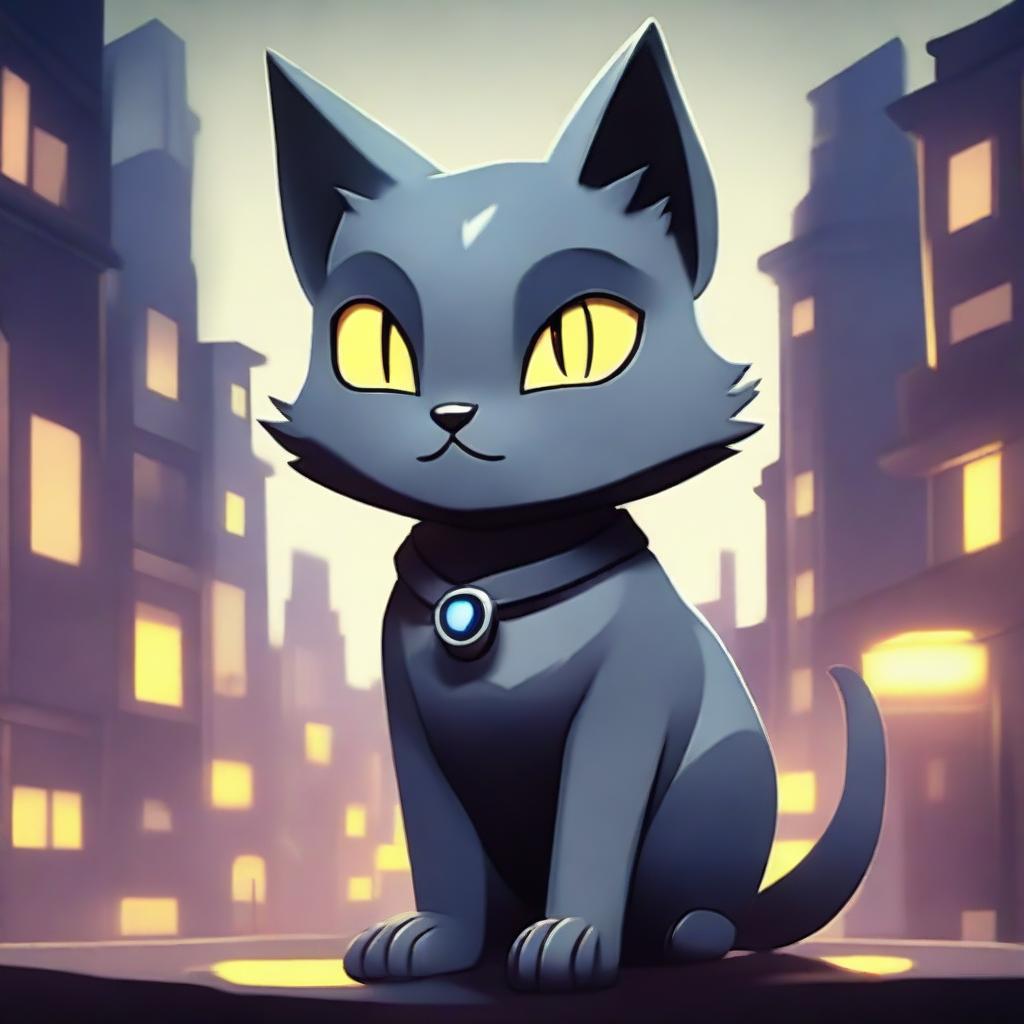 A dark grey cat character set in a video game background