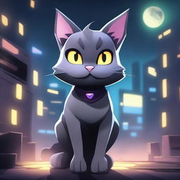 A dark grey cat character set in a video game background