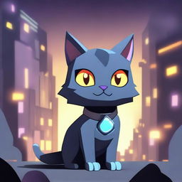 A dark grey cat character set in a video game background