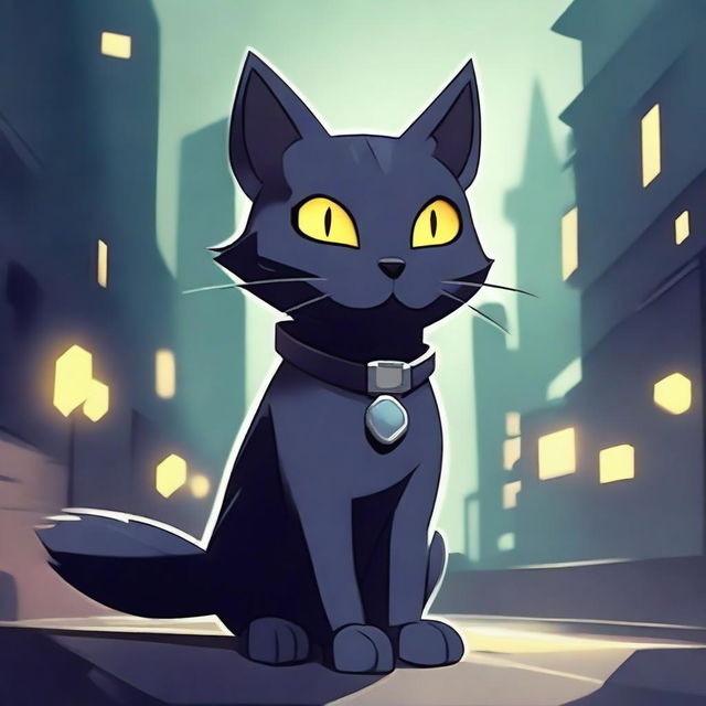 A dark grey cat character set in a video game background