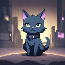 A dark grey cat character set in a video game background