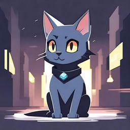 A dark grey cat character set in a video game background