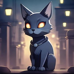 A dark grey cat character set in a video game background