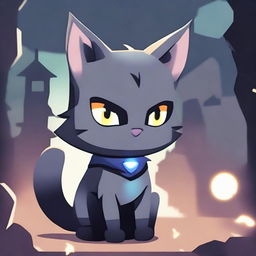 A dark grey cat character set in a video game background