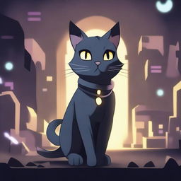 A dark grey cat character set in a video game background