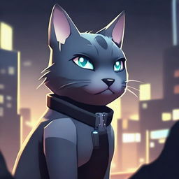 A dark grey cat character set in a video game background