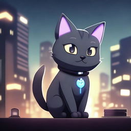 A dark grey cat character set in a video game background