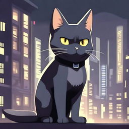 A dark grey cat character set in a video game background