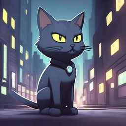 A dark grey cat character set in a video game background