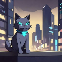 A dark grey cat character set in a video game background