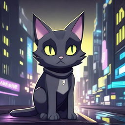 A dark grey cat character set in a video game background