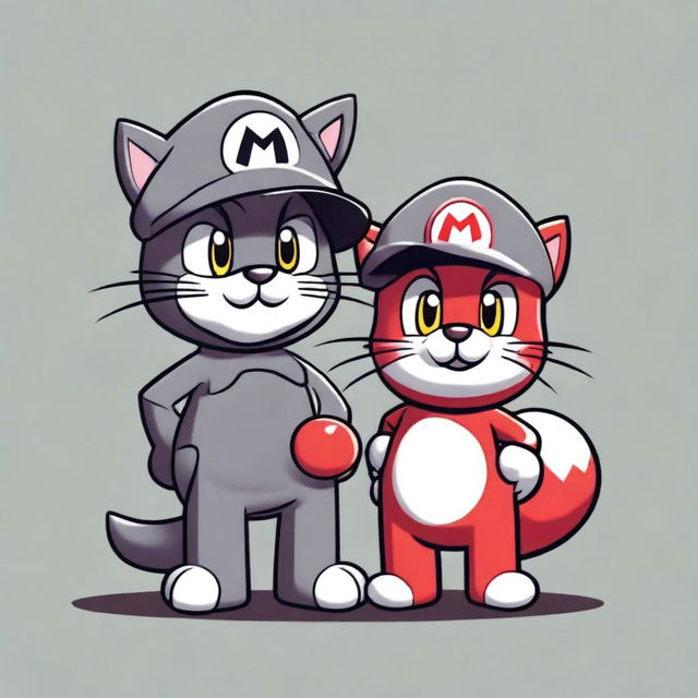 A dark grey cat character standing next to a Mario Bros cat