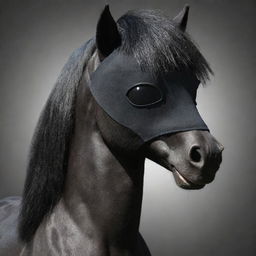 A realistic, animated, masculine dark pony wearing a black blindfold, designed to look like it came straight from the My Little Pony TV series.