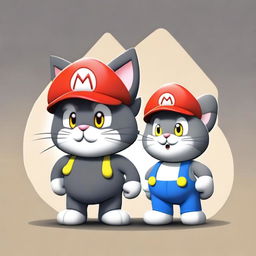 A dark grey cat character standing next to a Mario Bros cat