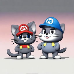 A dark grey cat character standing next to a Mario Bros cat