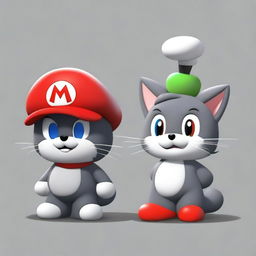 A dark grey cat character standing next to a Mario Bros cat