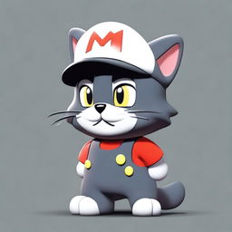 A dark grey cat character wearing a Mario Bros cap