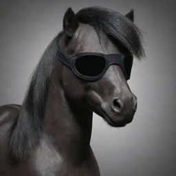 A realistic, animated, masculine dark pony wearing a black blindfold, designed to look like it came straight from the My Little Pony TV series.