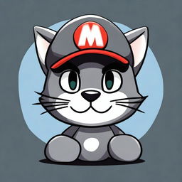 A dark grey cat character wearing a Mario Bros cap