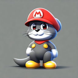 A dark grey cat character wearing a Mario Bros cap