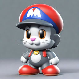 A dark grey cat character wearing a Mario Bros cap