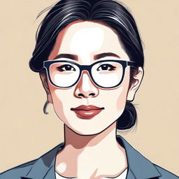 A detailed portrait of an Asian woman wearing glasses