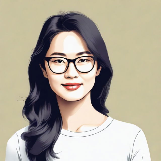 A detailed portrait of an Asian woman wearing glasses