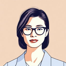 A detailed portrait of an Asian woman wearing glasses