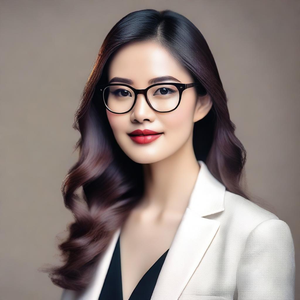 A beautiful Asian woman wearing glasses, depicted in a tasteful and elegant manner