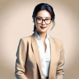 A beautiful Asian woman wearing glasses, depicted in a tasteful and elegant manner