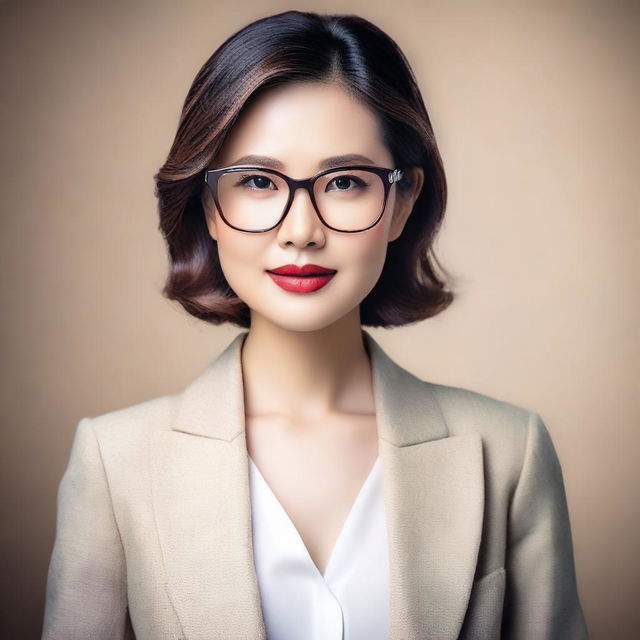 A beautiful Asian woman wearing glasses, depicted in a tasteful and elegant manner