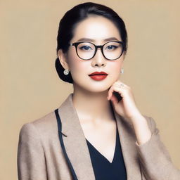 A beautiful Asian woman wearing glasses, depicted in a tasteful and elegant manner