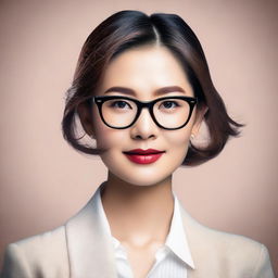 A beautiful Asian woman wearing glasses, depicted in a tasteful and elegant manner