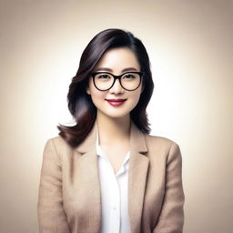 A beautiful Asian woman wearing glasses, depicted in a tasteful and elegant manner