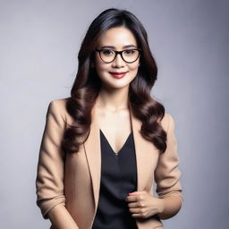 A beautiful Asian woman wearing glasses, depicted in a tasteful and elegant manner