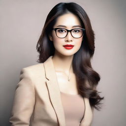 A beautiful Asian woman with glasses, depicted in a tasteful and elegant manner