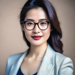 A beautiful Asian woman with glasses, depicted in a tasteful and elegant manner