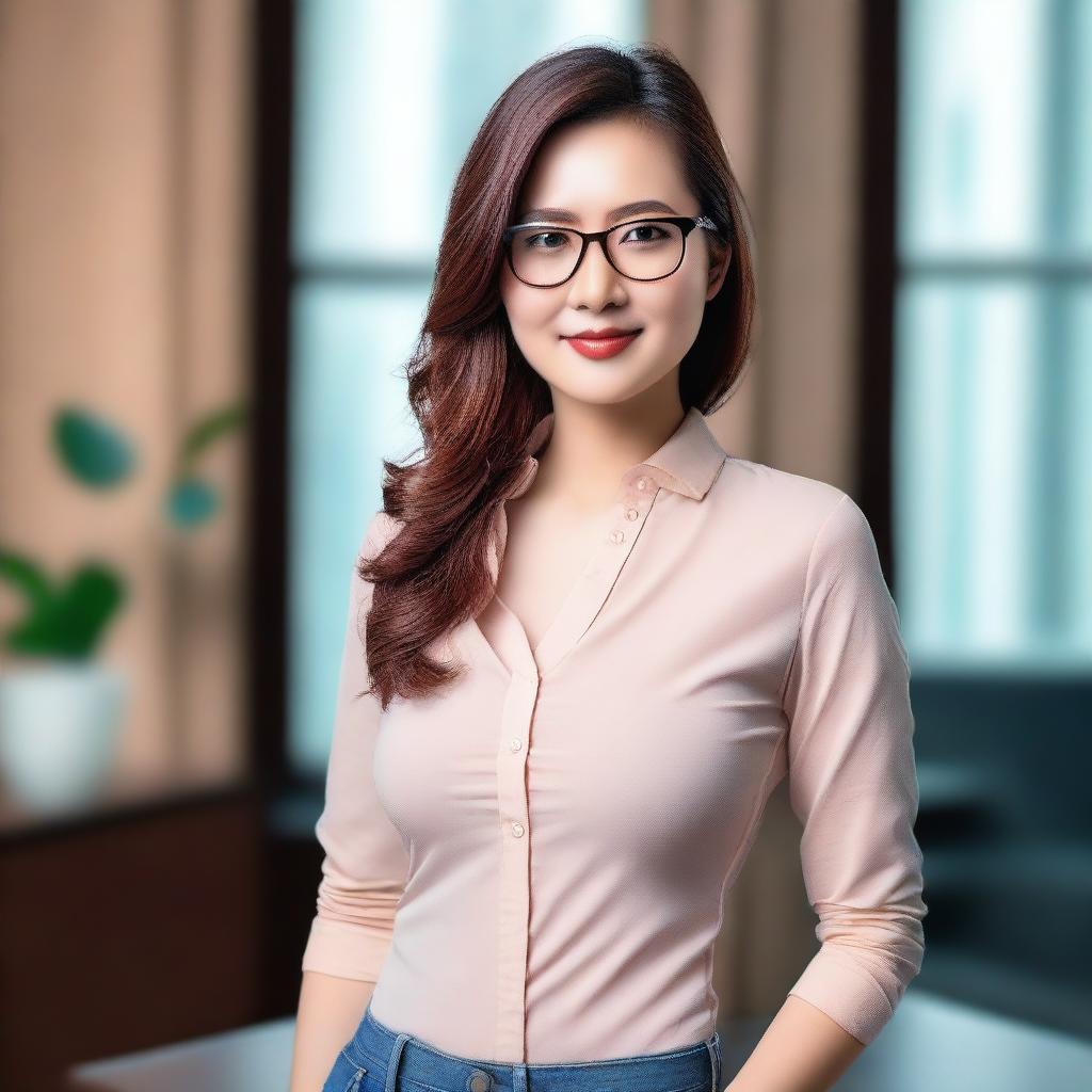 A beautiful Asian woman with glasses, wearing a tight shirt that subtly emphasizes her figure