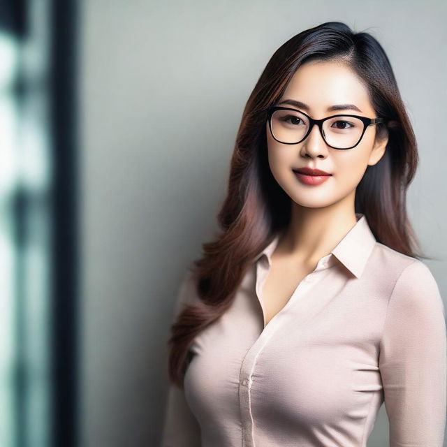 A beautiful Asian woman with glasses, wearing a tight shirt that subtly emphasizes her figure