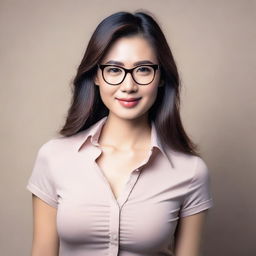 A beautiful Asian woman with glasses, wearing a tight shirt that subtly emphasizes her figure