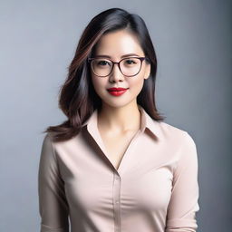 A beautiful Asian woman with glasses, wearing a tight shirt that subtly emphasizes her figure