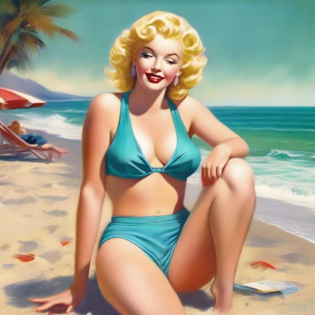 A beautiful pinup painting of Marilyn Monroe in a micro bikini sitting on the beach