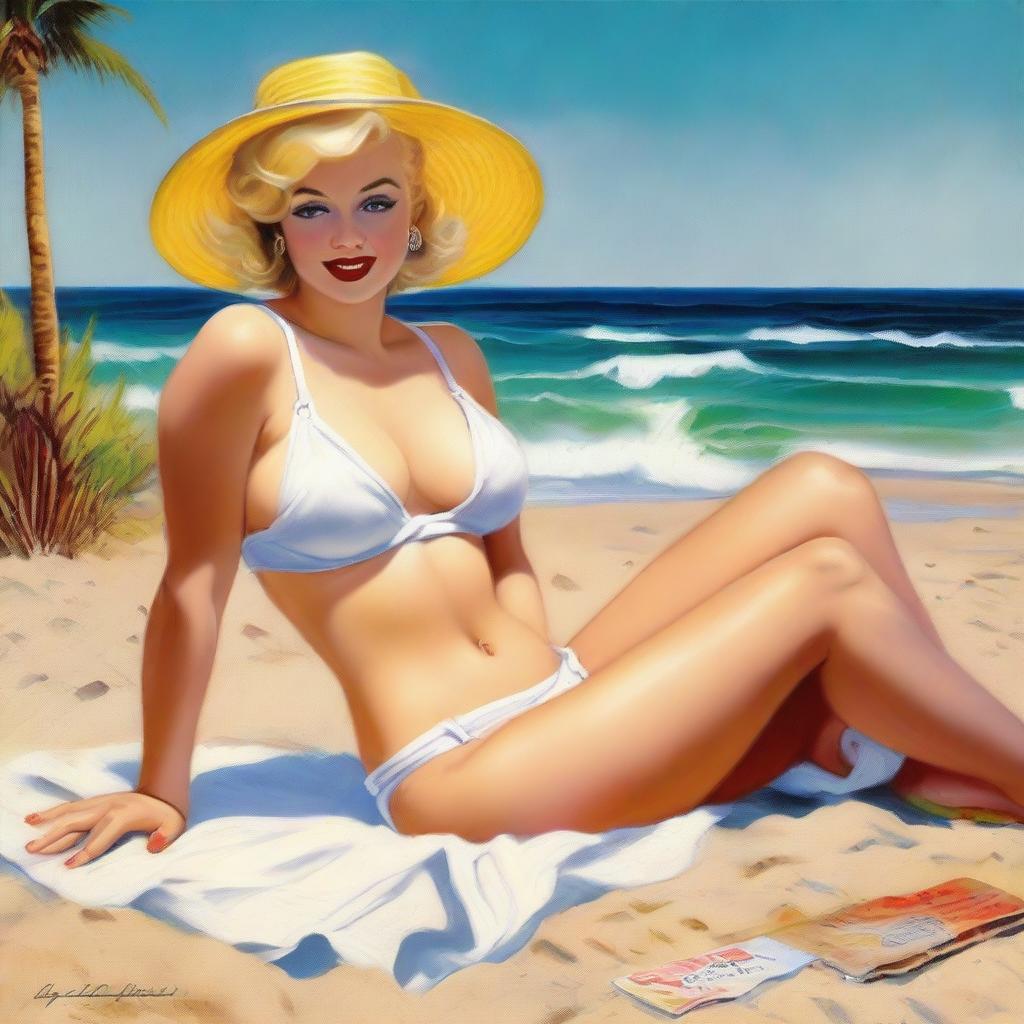 A beautiful pinup painting of Marilyn Monroe in a micro bikini sitting on the beach