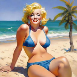 A beautiful pinup painting of Marilyn Monroe in a micro bikini sitting on the beach