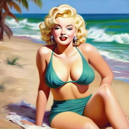 A beautiful pinup painting of Marilyn Monroe in a micro bikini sitting on the beach