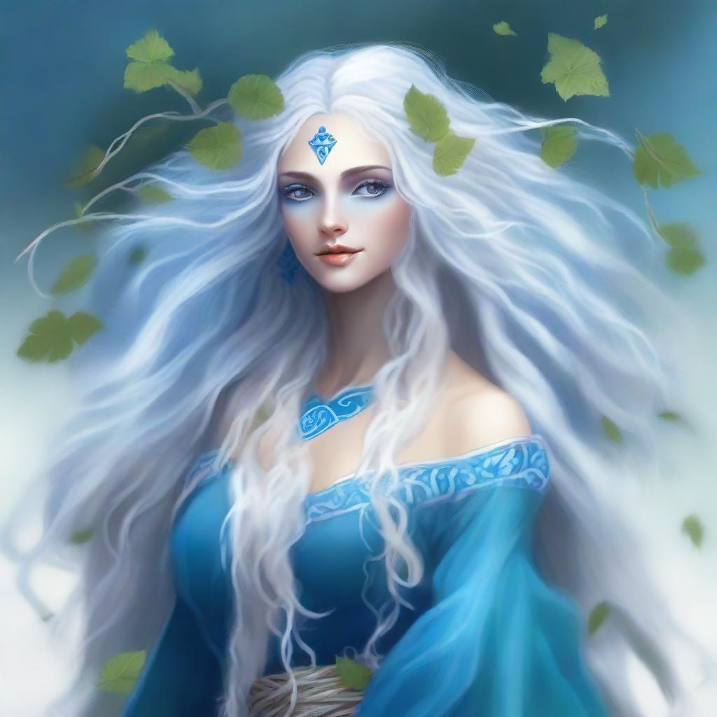 Create an image of a blue-skinned air genasi woman with long, curly white hair