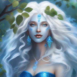 Create an image of a blue-skinned air genasi woman with long, curly white hair